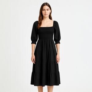 Hill House Home Nesli Black Puff Sleeve Smocked Tiered Midi A-Line Nap Dress XS